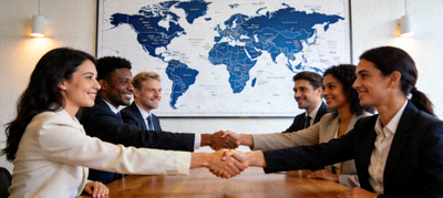 团队握手合作商务会议场景，背景有世界地图
